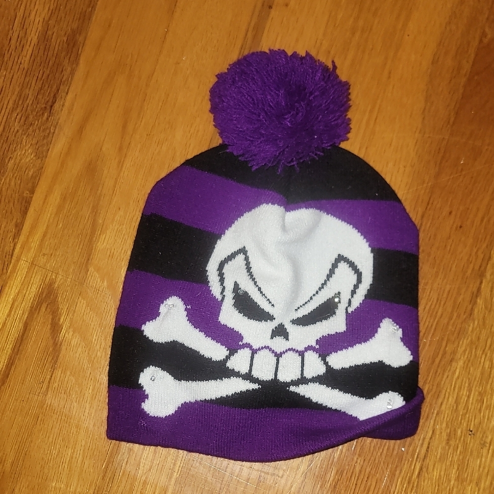 unisex goth punk Purple Black white skeleton crossbones Skull knit Beanie gothic